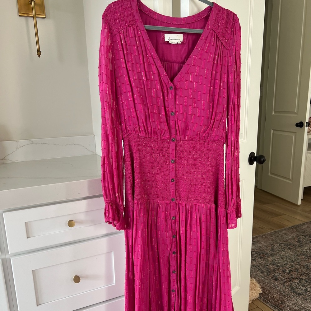 Anthropologie Pink Pleated Ruched Long Sleeve Dress